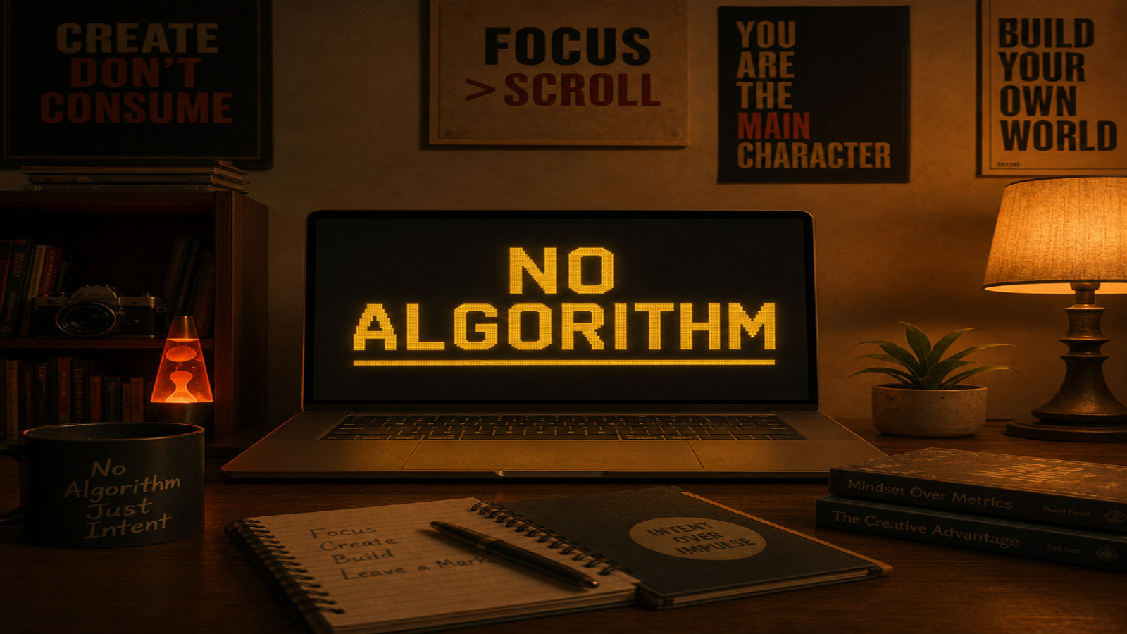 Workspace setup featuring a laptop displaying the text No Algorithm