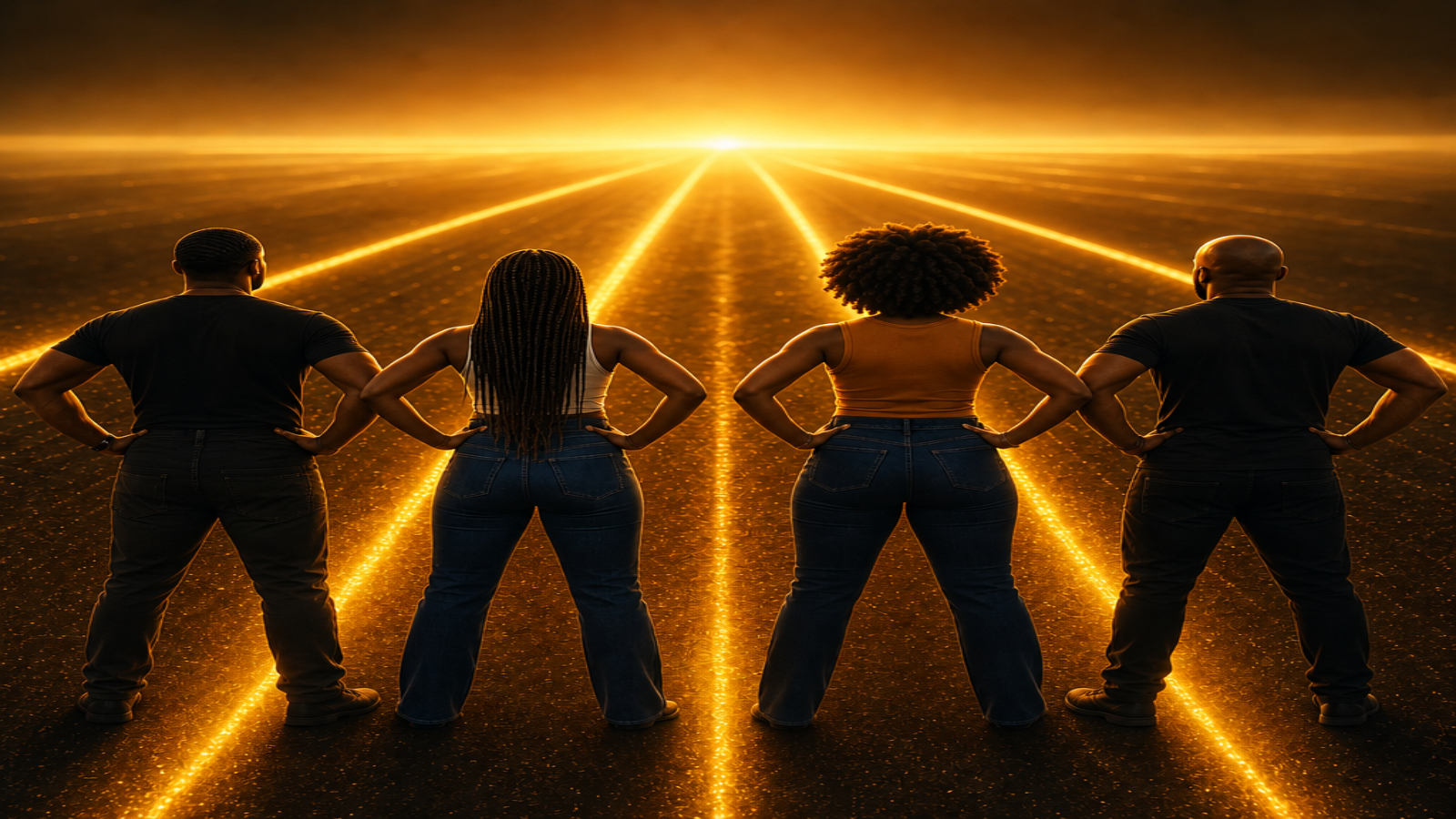 Four people standing with hands on hip with a golden glow.