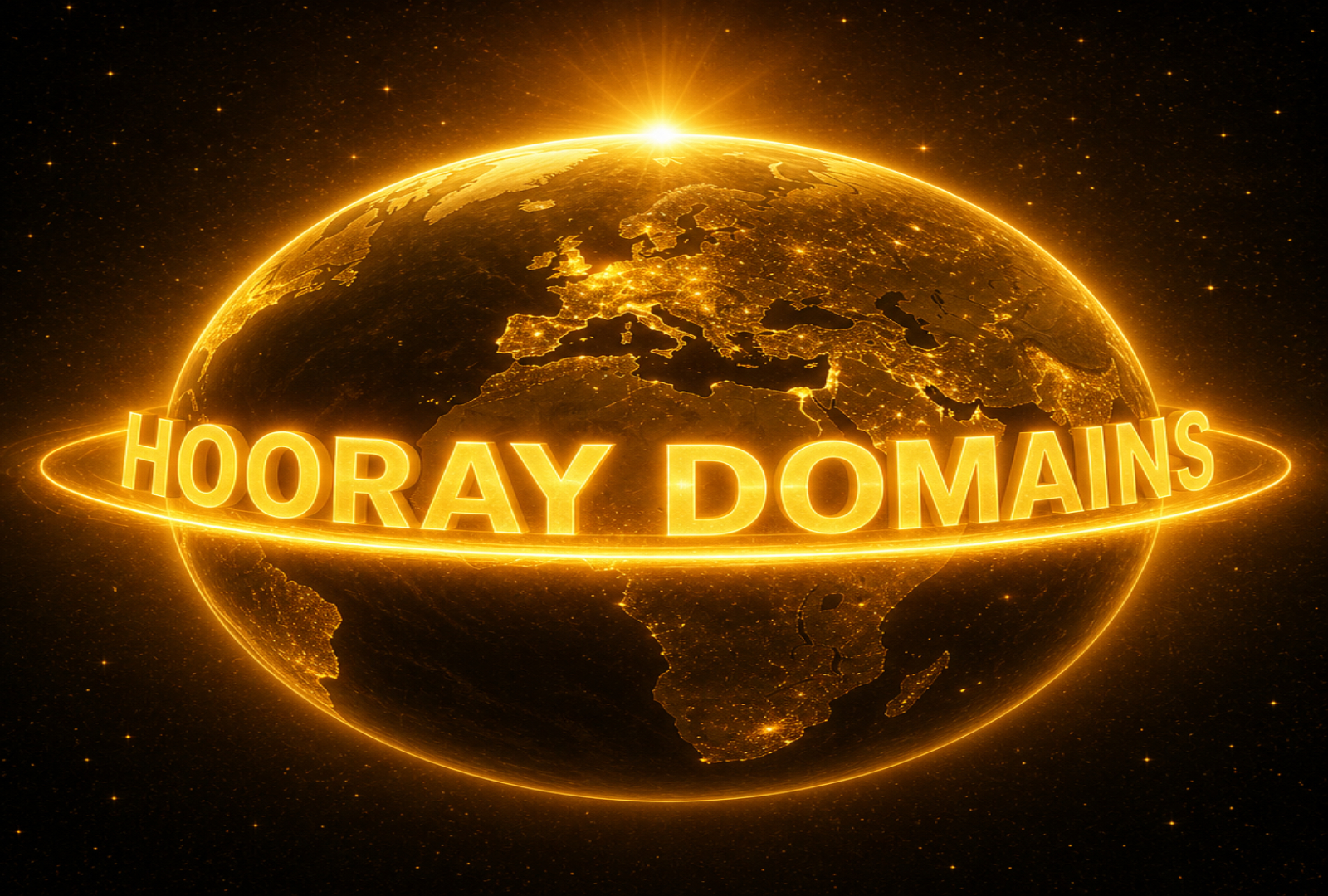 Golden globe with Hooray Domains across the middle