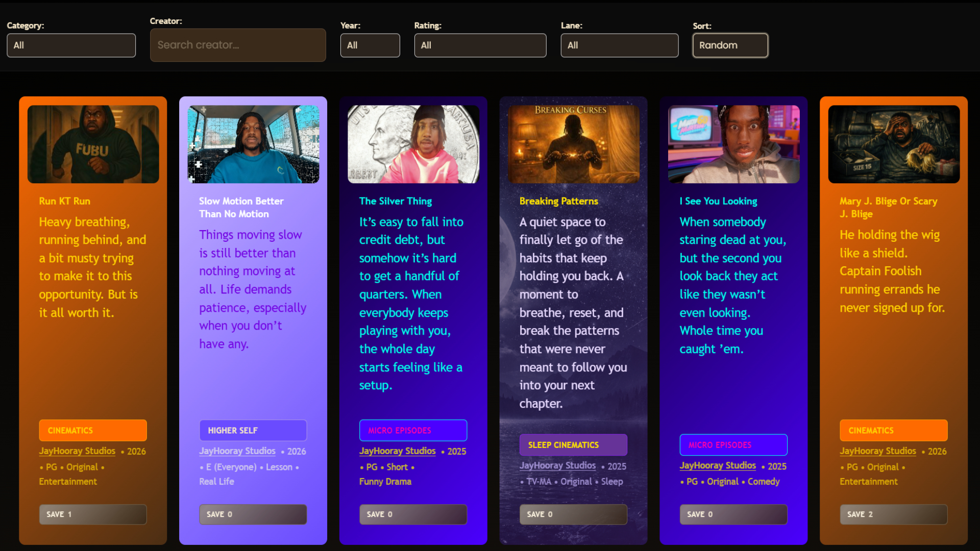 JayHooray Studios project catalog interface displaying multiple project cards